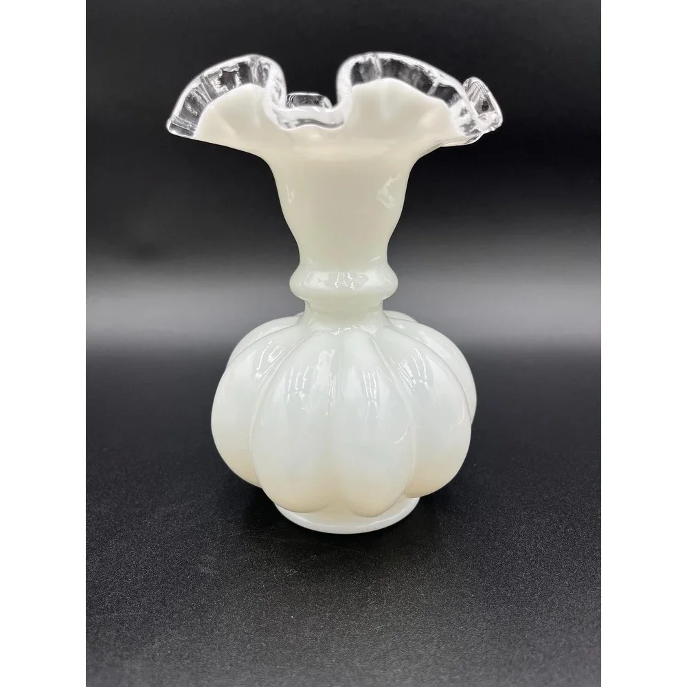 Fenton Silver Crest Milk Glass Melon Vase: Crimped Edge Flower Vase